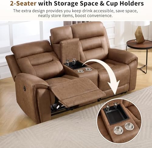 ANJ 3-Piece Power Recliner Sofa Set with Charging Ports, Include Single Recliner Chair, 2-Seater Loveseat with Hidden Storage & Cup Holders and 3-Seater Reclining Couch for Living Room, Brown