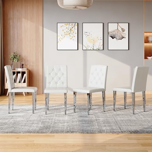 White Dining Chairs Set of 4, Faux Leather, Silver Metal Legs | Button-Tufted Upholstered Parsons Chairs with Padded Seats for Dining Room, Kitchen, Apartment, or Restaurant Use