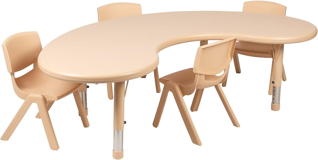 Flash Furniture 65x35 in Half-Moon Activity Table with 4 Chairs, Natural | Height Adjustable Table, Durable Construction, Commercial Use