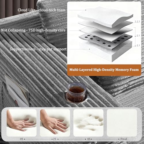 138" Oversized Cloud Sectional Couch, Comfort U Shaped Couch for Living Room, Extra Deep Seats No Assembly, Modular Sofa, Corduroy (Light Grey, 3 Seater+Right Facing Chaise+Ottoman)
