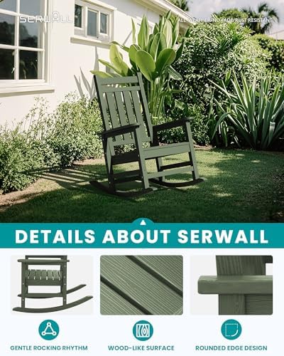SERWALL Oversized Outdoor Rocking Chair Set of 2, HDPE Rocker for Adults, Patio Rocking Chairs for Porch, Avocado Green