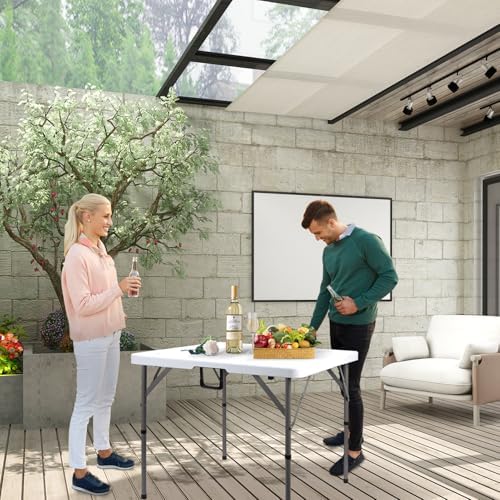 34" Square Folding Card Table,Fold-in-Half Utility Portable Table,White | Heavy Duty HDPE Tabletop,Carrying Handle,Removable Legs with Two Height,Indoor Outdoor for Picnic,Camping,Party,Game