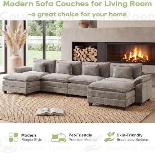 Oprisen 154" Modular Sectional Sofa, Comfy Deep Cloud Couch with Ottoman | U-Shaped Couches for Living Room, Modular Couch, Deep and Wide Seat, Chenille Sofa Sleeper with Throw Pillows, Light Grey