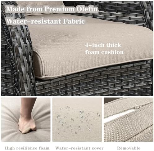 Belord Wicker Outdoor Furniture Patio Furniture Set - 6 Piece Patio Conversation Set with Swivel Rocker Chairs, Rattan Sofa, Ottomans and Coffee Table, Gray Cushion