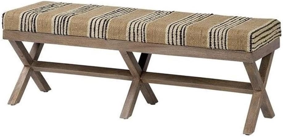 Pemberly Row Upholstered Accent Bench, 50L x 16W x 18.8H, Mango Wood Base, Beige/Black Stripe Jute Cushion, Farmhouse Global-Inspired Design, Versatile Kitchen or Living Room Seating