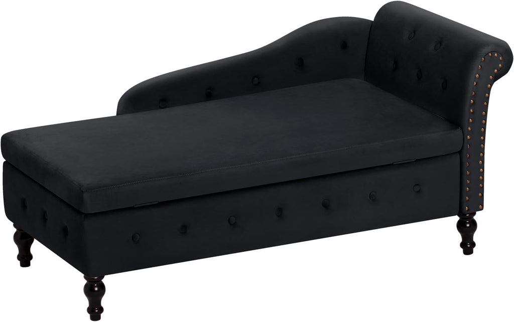 Chaise Lounge with Right Armrest & Lumbar Pillow,Button Tufted Lounge Sofa with Storage,Lounge Chair Indoor,Modern Upholstered Velvet Lounge Chair for Bedroom, Living Room and Office,Black