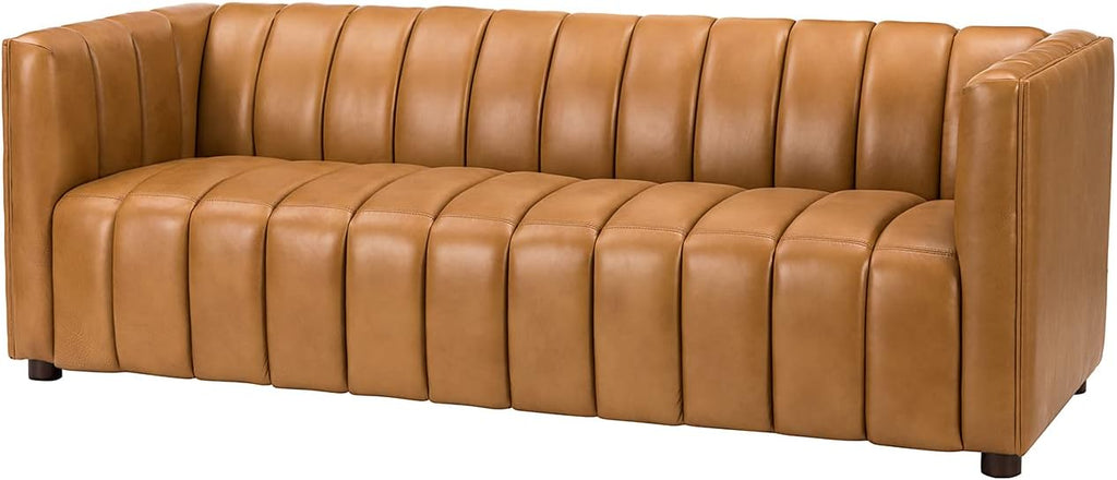 HULALA HOME 83" Genuine Leather Sofa with Channel Tufted Design, Camel