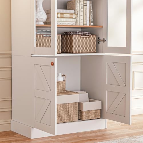 ivaniti 71" Tall Farmhouse Kitchen Pantry, Rustic Large Storage Cabinet with Glass Doors, Adjustable Shelves, Wood Versatile Hutch Cabinet for Dining Room, Living Room, White 2 Pcs