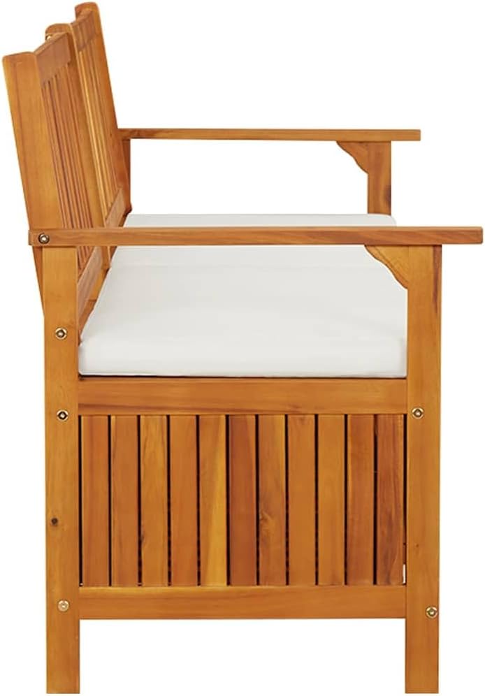 Outdoor Storage Bench with Cream Cushion, 67 Inch Acacia Wood Patio Entryway Furniture, Garden Deck Box with Seating and Padded Cushion, Brown