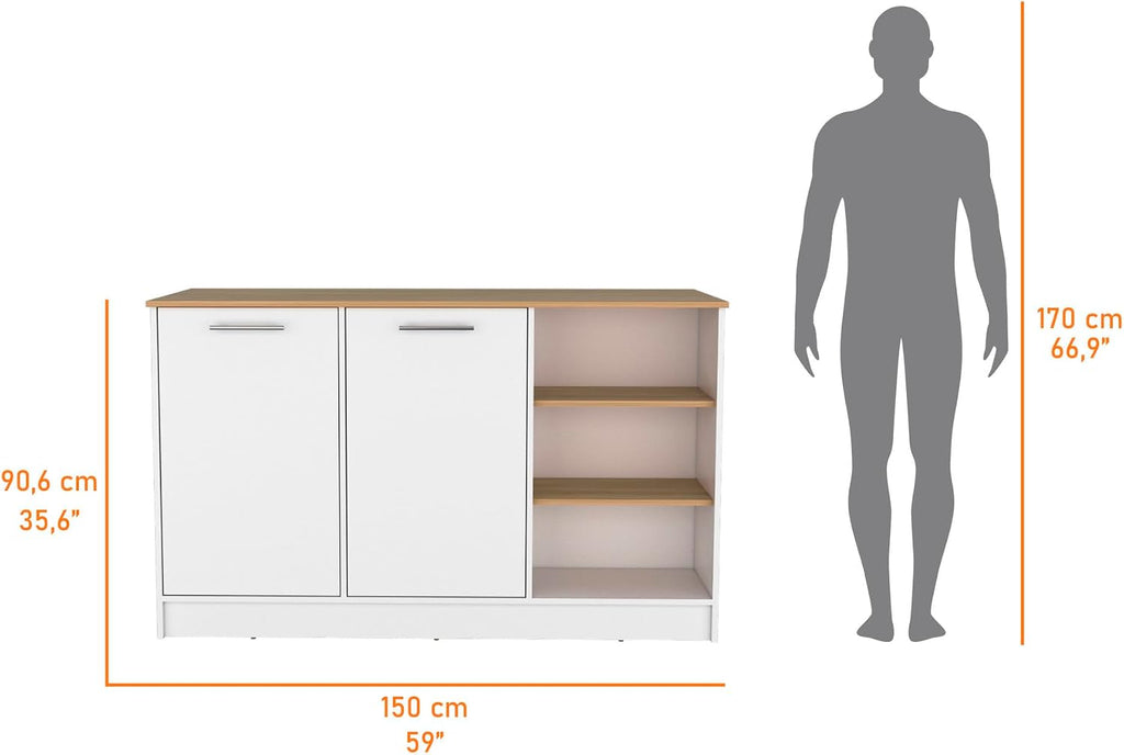 Melamine Kitchen Island with Two Doors and Three Open Shelves | two doors with internal shelves and three open storage shelves
