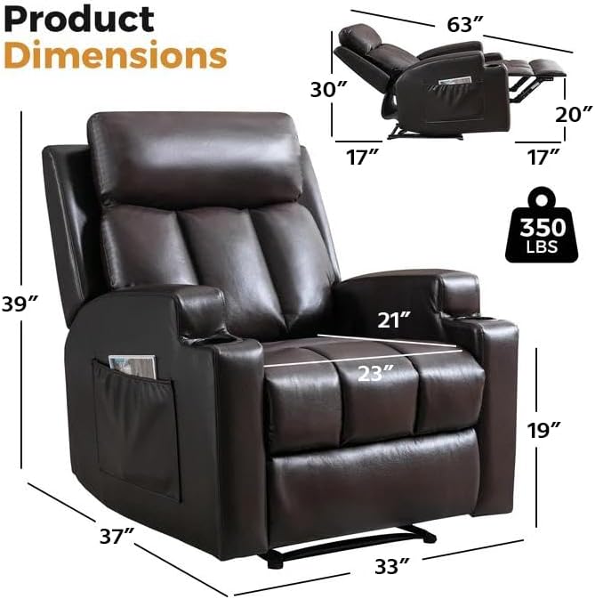 CANMOV Manual Recliner Chair with Massage and Heat,Breathable Leather Recliner Chair with Armrest and Backrest, Manual Reclining Single Sofa with 2 Cup Holders, Side Pocket for Living Room,Dark Brown