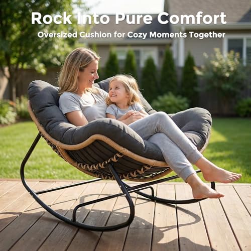 SWITTE Outdoor Rocking Papasan Chair with Thick Cushion, Dark Gray | Oversized Modern Wicker Lounge Rocker with Comfy Cushion, Cozy Egg Chair Steel Frame for Patio, Porch,or Indoor Reading Nook