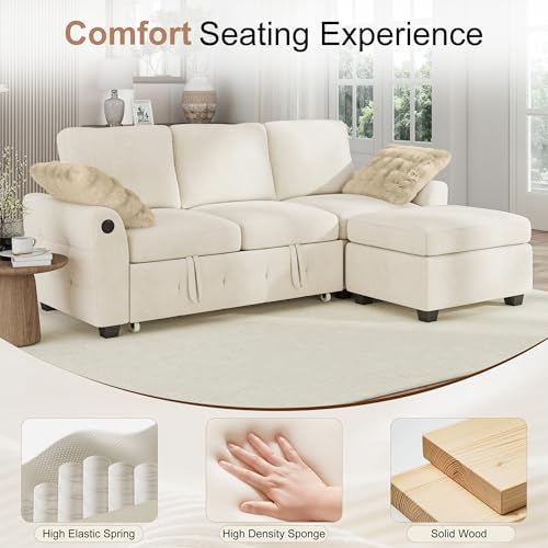 Hanherry 81" Sectional Couch with Pull Out Sofa Bed,Chenille Sleeper Sofa with Storage Ottoman & USB Charging,Comfy L Shaped Modular Couches for Living Room,Apartment