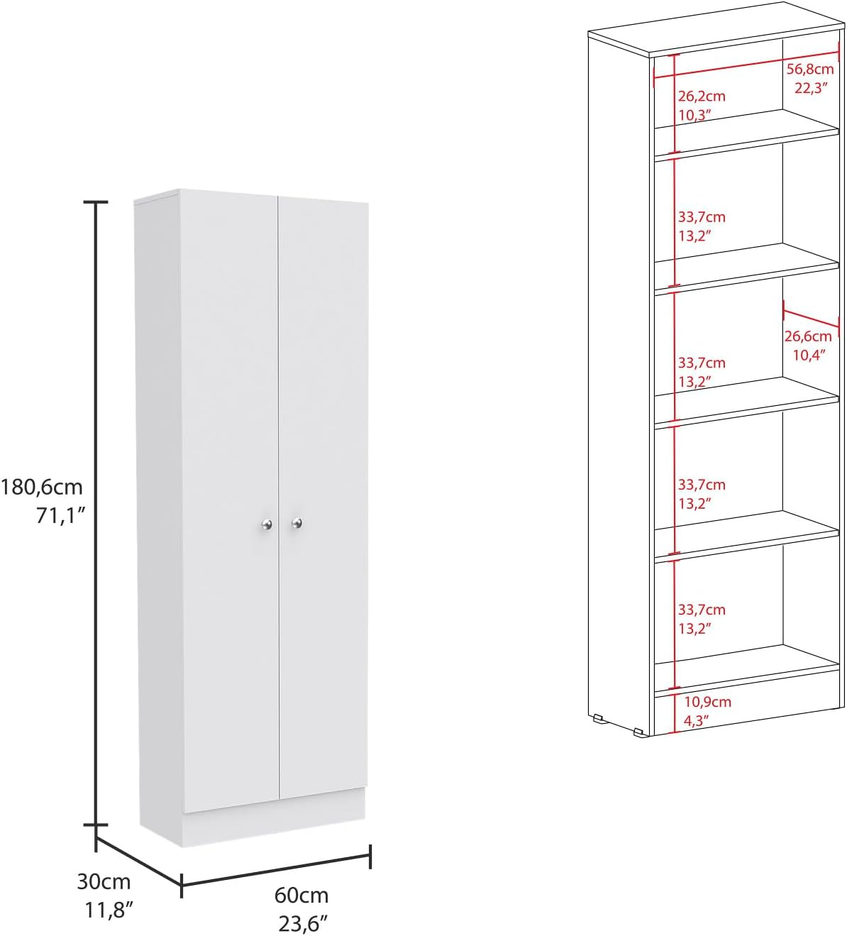 Multistorage Pantry Cabinet, Double Door, 5 Shelves, White