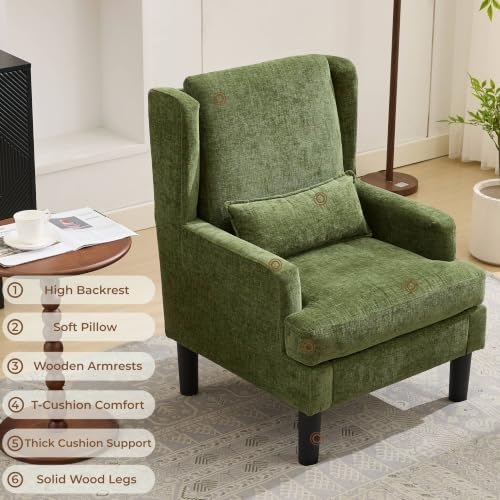 Garvee Wingback Accent Chair Set of 2, Mid-Century Chenille Reading Chair | High back design, 5.1 in spring + foam cushion, wood frame with metal backrest, lumbar pillow, 350 lb capacity