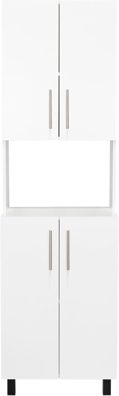 White Kitchen Storage Cabinet: Compact 76.8" Tall Double Door Pantry with Hutch & Shelves - Wood Frame Modern Design for Small Space Organization in Apartments & Homes