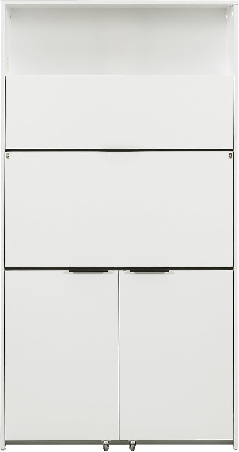 Pantry Cabinet with Hutch and Foldable Workstation, Multifunctional Wood Cupboard with Adjustable Shelf and Power Outlet for Dining, Living Room (White)