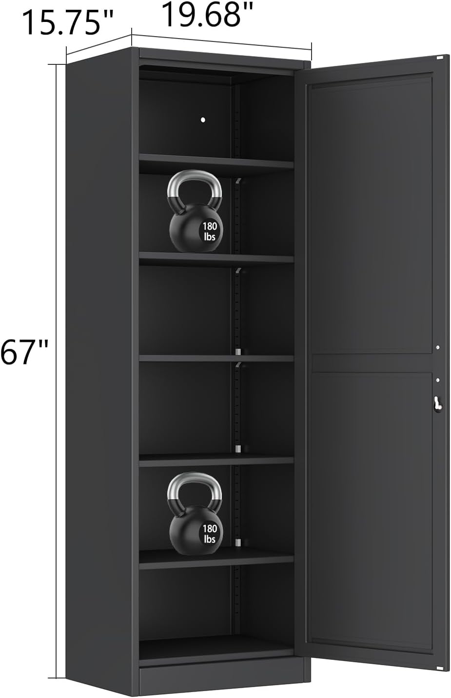 Metal Narrow Pantry Cabinet with Doors and Shelves, 67" H Tall Locker Cabinet for Kitchen, Living Room, Bathroom, 1 Door with Lock, Black