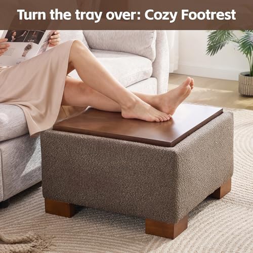 WUTUTUEE 24" Square Ottoman Coffee Table with Storage, Boucle Ottomans with Tray and Solid Wood Legs for Living Room, Bedroom and Apartments, Small Modern Ottoman Tea Table with Lift-Off Lid, Brown