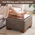 WUTUTUEE 24" Square Ottoman Coffee Table with Storage, Boucle Ottomans with Tray and Solid Wood Legs for Living Room, Bedroom and Apartments, Small Modern Ottoman Tea Table with Lift-Off Lid, Brown