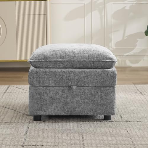 27" Large Square Ottoman with Storage, Modern Upholstered Footrest with Anti-Slip Legs for Couch Coffee Table Living Room, Bedroom, Entryway, Chenille Light Grey