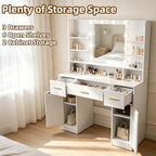 42" W Vanity Desk with Power Outlet Mirror and LED Lights Large Heavy Duty Makeup Vanitys Table with 3 Drawers & 6 Open Shelves & 2 Cabinet Storage for Bedroom Dressing, White