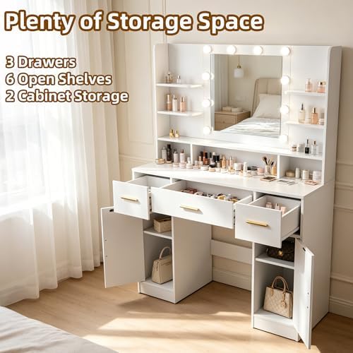 42" W Vanity Desk with Power Outlet Mirror and LED Lights Large Heavy Duty Makeup Vanitys Table with 3 Drawers & 6 Open Shelves & 2 Cabinet Storage for Bedroom Dressing, White