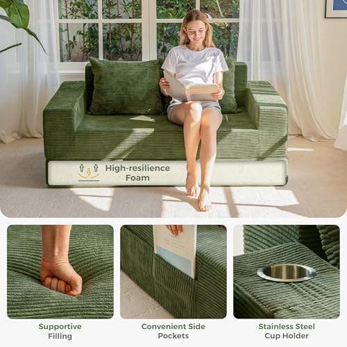 MAXYOYO Sofa Bed, 64-Inch Loveseat with 2 Cup Holders | Corded Green 4-in-1 Sofa Converts Into a Floor Couch or Recliner Chair; Sofa-in-a-Box Needs No Assembly for Living Rooms