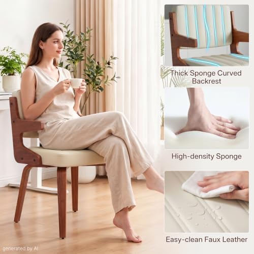 Dining Chairs Set of 4,Mid Century Modern Kitchen Chair with Hanging Arm | Set of 4 Dining Chairs, Mid Century Modern Faux Leather Upholstered Kitchen Chair, Walnut Legs Back for Dining Room Living