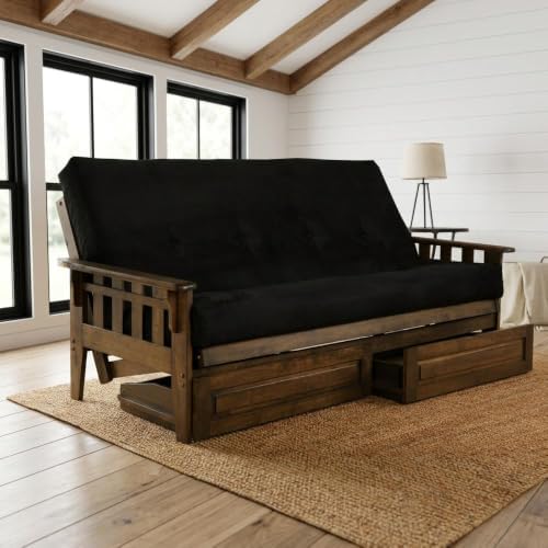 Kodiak Furniture Tucson Full Futon Set in Rustic Walnut Finish with Storage Drawers, Suede Black