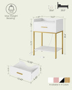 Nightstand with Charging Station, Modern Bedside Table with Drawer and Legs,White and Gold Night Stand with Open Shelf, Narrow Side Table for Bedroom, Living Room