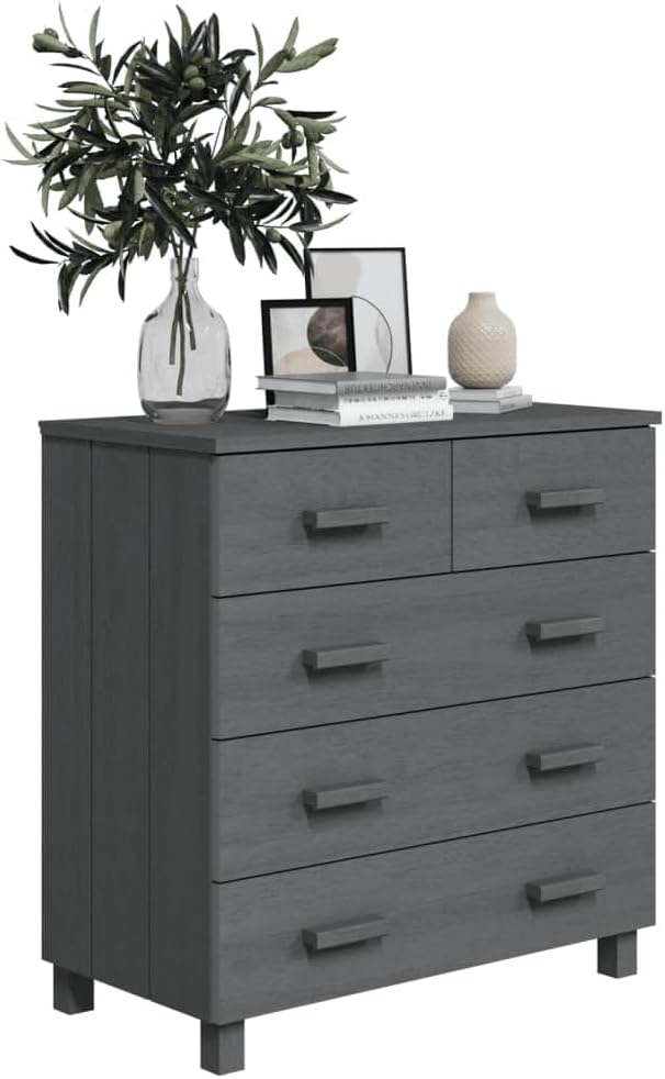 Dark Grey Solid Pine Wood Medium Sideboard with 5 Drawers, Modern Storage Cabinet for Living Room Dining Area Hallway, Sturdy Construction Wall Mountable, Ample Storage Space