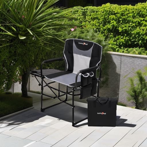SUNNYFEEL Oversized Camping Chair Portable Directors Chairs with Side Table | Heavy Duty Folding Lawn Chair for Adults 300LBS with Compact Size, Breathable Mesh, Pocket & Carry Bag for Outdoor, Lawn, RV
