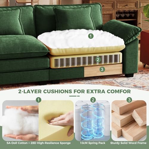 CDCASA 154" Modular Sectional Sofa, Comfy U-Shaped Cloud Couch with 2 Movable Ottomans, Oversized 6-Seater Chenille Deep Seat Sofa Couch for Living Room, DIY Combination, Green
