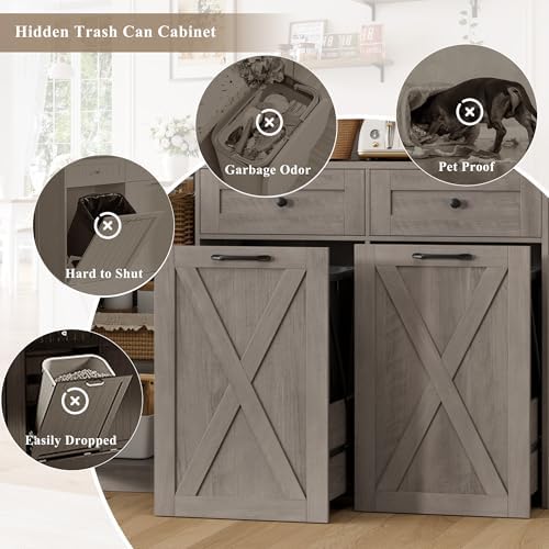 HOSTACK 71" Kitchen Pantry with 12.5 Gallon Double Trash Can Cabinet, Grey | Farmhouse Garbage Can Cabinet with Pull Out Trash Can Storage, 47"W Kitchen Hutch with Hidden Garbage Storage for Dining Room