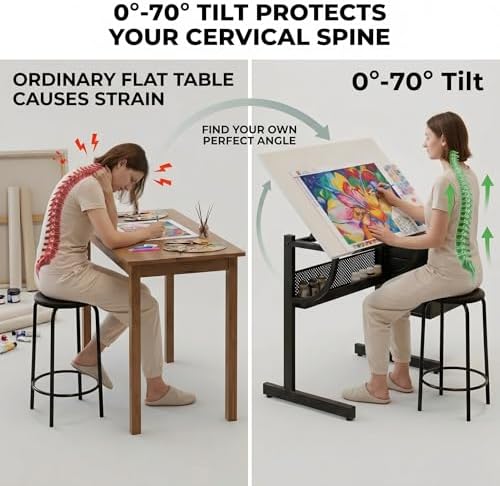 White Adjustable Drafting Table with Stool & 3 Drawers, Tilting Art Desk for Drawing & Crafting, Multi-Functional Study & Office Desk