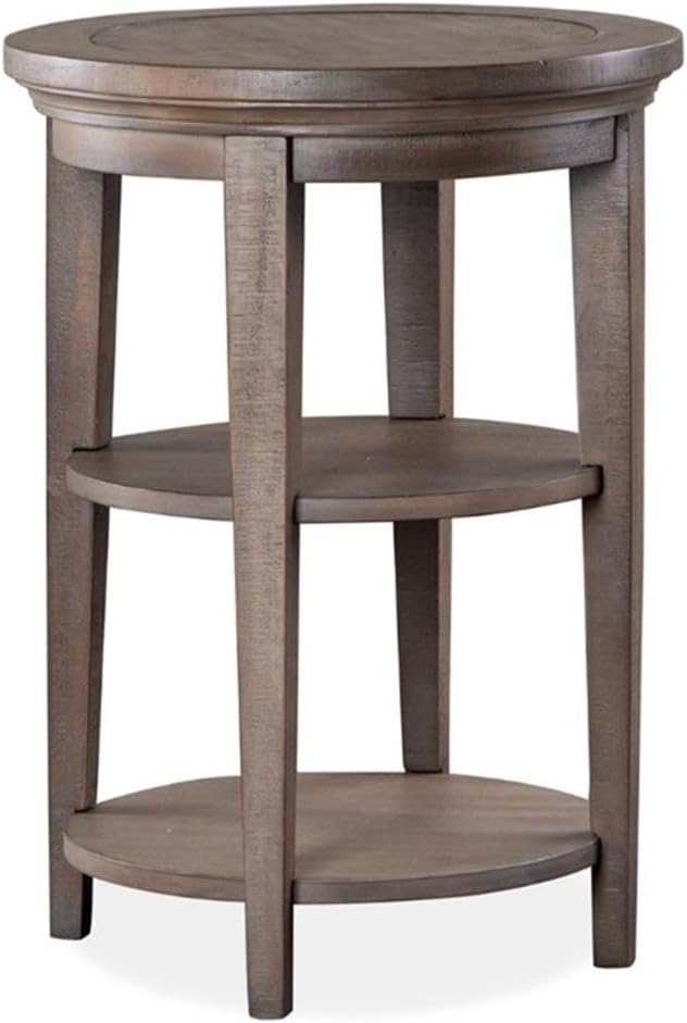 BOWERY HILL Round Wood Accent End Table, Dovetail Gray Finish, Weathered Bronze Details, 2 Fixed Shelves, Durable Pine Construction, Compact Transitional Design for Living Room Storage and Display