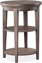 BOWERY HILL Round Wood Accent End Table, Dovetail Gray Finish, Weathered Bronze Details, 2 Fixed Shelves, Durable Pine Construction, Compact Transitional Design for Living Room Storage and Display