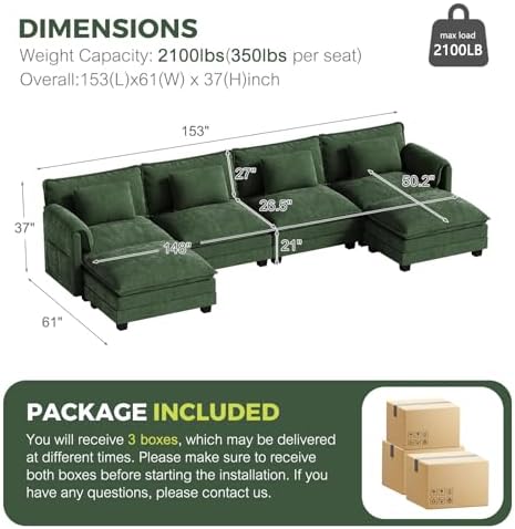 ELUCHANG 153" Oversized Modular Sectional Sofa, Comfy Chenille Cloud Couch, 6-Seater U Shaped Modern Deep Seat Sofa w/Removable Covers for Living Room, Bedroom, DIY Combination - Green