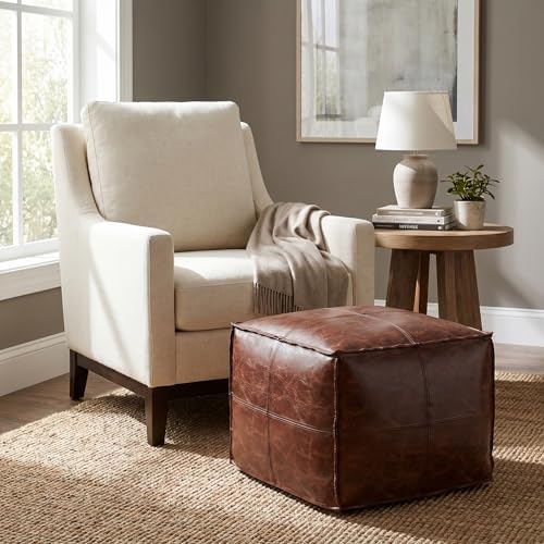 SIMPLIHOME Sheffield 18" Wide Square Genuine Leather Pouf in Brown | Distressed brown boho footrest, extra seating and accent piece for living room or bedroom, assembled; pouf ottoman.