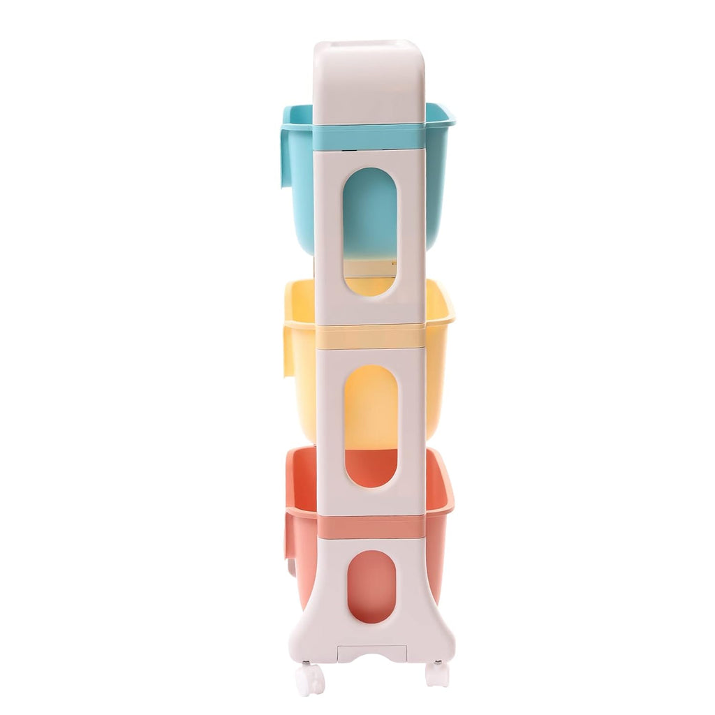 Kids Toy Storage Organizer, Multicolor, 3-Tier Rolling Cart | Children Playroom Decor, Doll Activity Rack Shelf, Plastic Bins Box, Universal Wheels