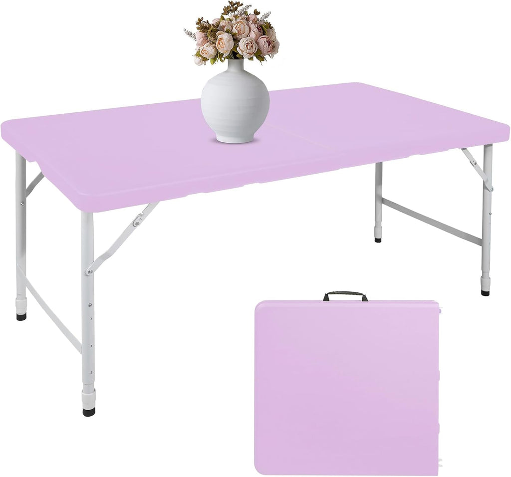 4 FT Folding Table with Carry Handle, Portable Fold-in-Half Plastic Table, Rectangle Foldable Table for Indoor/Outdoor Light Purple