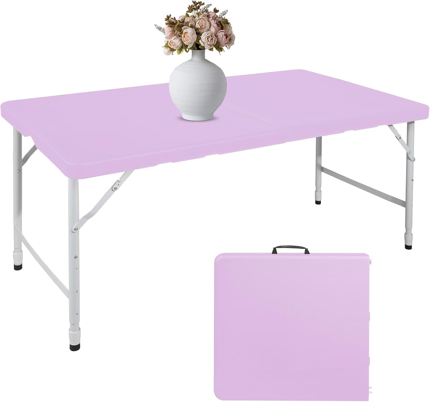 4 FT Folding Table with Carry Handle, Portable Fold-in-Half Plastic Table, Rectangle Foldable Table for Indoor/Outdoor Light Purple