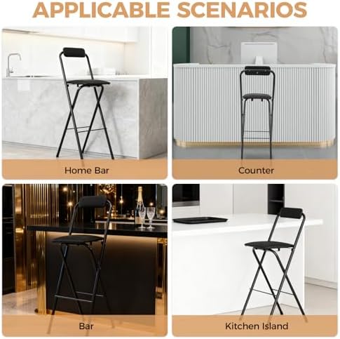 Folding Stool, Cushioned Padded Folding Stool Portable Bar Stool with Back for Camping Kitchen Home Office, Tall Bar Collapsible Stools (Black, 1Pcs 29.53in)