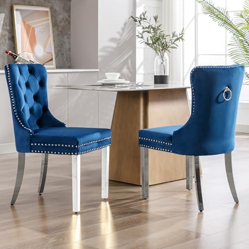 Dining Room Chairs Set of 4, Tufted Velvet Chairs with Modern Stainless Steel Legs, Rivet Trim Metal Pull Ring Large Back for Kitchen Dining Room Restaurant, Blue