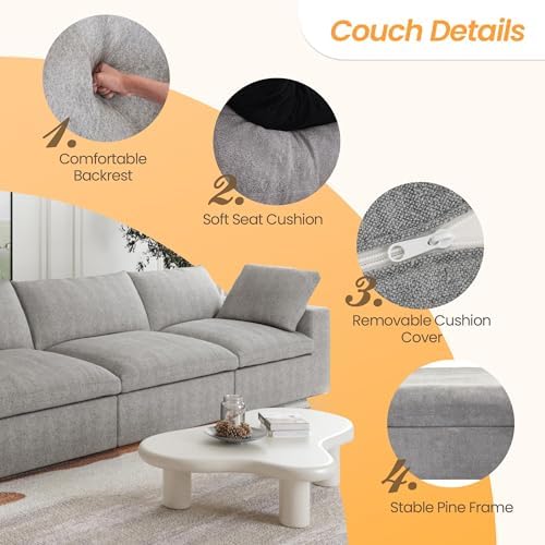 JACH U-Shaped Couches for Living Room, 6-Seats Modular Convertible Sectional Sofa Couch, Couch Cushion Covers Removable, Comfy Sofas with Chaise Ottomans for Apartment Bedroom Office (Grey)