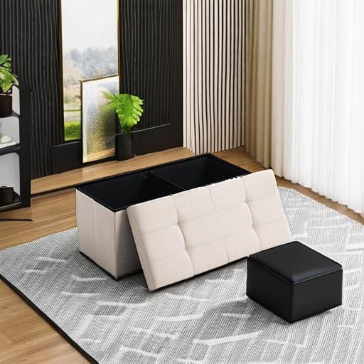 Storage Ottoman Bench Foldable Footrest Foot Stool, 30" Fabric Cream | Small Ottoman Foot Rest Seat Shoe Bench Flip-Top forliving Room End of Bed Bedroom Couch Dorm, 80L Folding Upholstered Chair