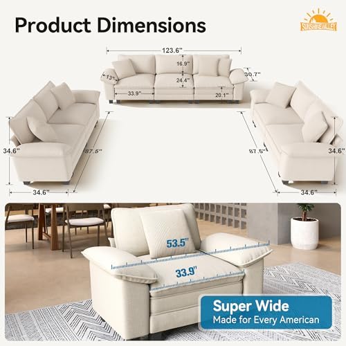 SUNSHINE VALLEY 3-Piece Modular Sectional Cloud Couch and Loveseat Sofa Set | Modern 7-Seater Sofa Set, White, Wider Armrest, Comfy Deep Seat, Soft Chenille Furniture Set for Living Room Bedroom