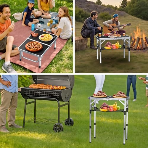 Anbte Folding Camping Table, 24"X 16" Adjustable Height Small Folding Table | Aluminum, with Carrying Handle, Lightweight, Portable Camping Table for Outdoor Indoor Picnic Beach BBQ Grill Patio (Black)