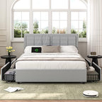 VECELO Queen Size Bed Frame with 4 Storage Drawers & Adjustable Headboard, Built-in Charging Station, Upholstered Bedframe with Wood Slats Support, Light Gray